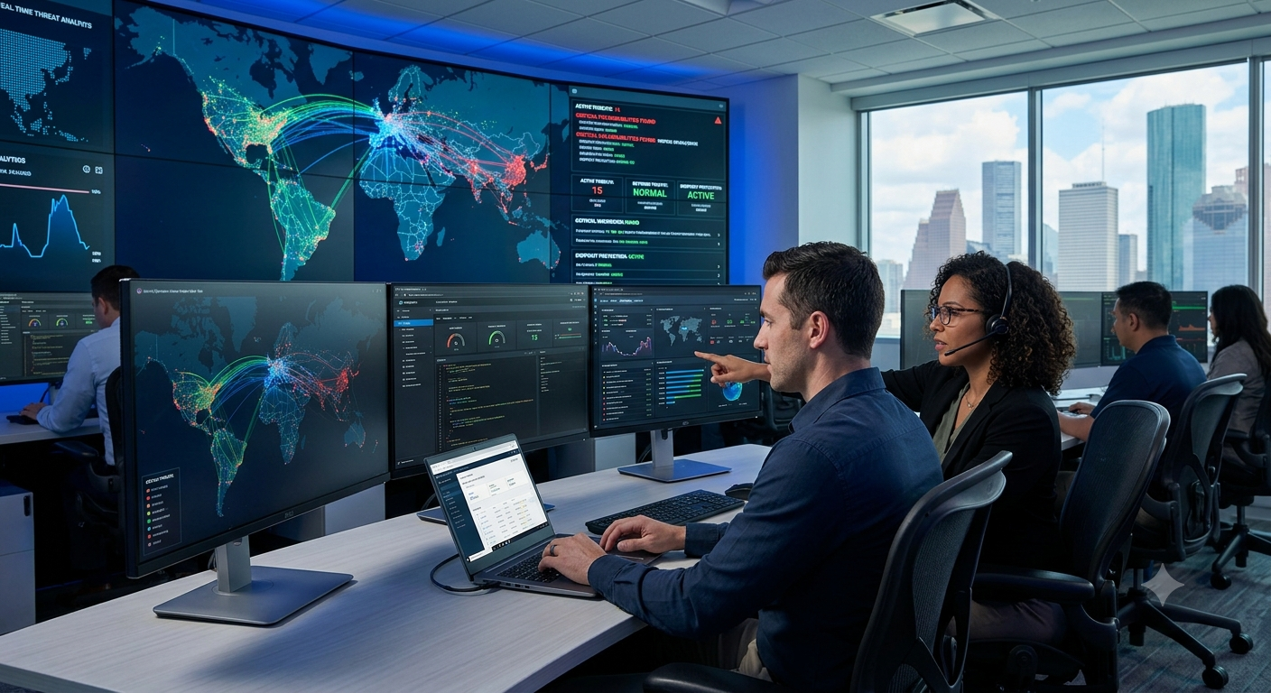 Security analysts monitoring threats in a operations center